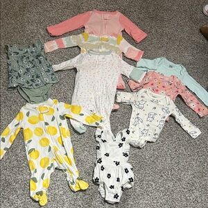 Baby girl footies/sleepers, onesies, outfits (various brands)